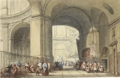 Interieur van de S. Roche te Parijs, met een processie op de voorgrond