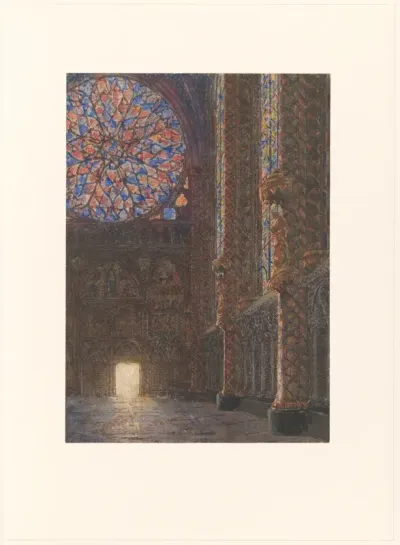 Interieur van de Sainte Chapelle, naar de ingang te zien
