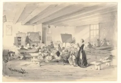 Interieur van de school voor haveloze kinderen aan de Bloemstraat