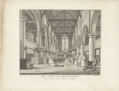 Interieur van de Waalse Kerk te Amsterdam, gezien richting de hoofdingang