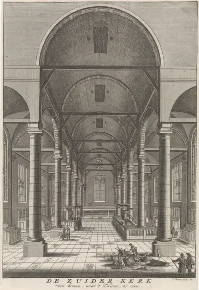Interieur van de Zuiderkerk van Amsterdam, gezien naar het zuiden
