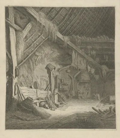 Interieur van een boerderij met boer en boerin