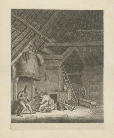 Interieur van een boerderij met boerenfamilie