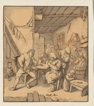 Interieur van een boerenherberg met rokende en drinkende figuren