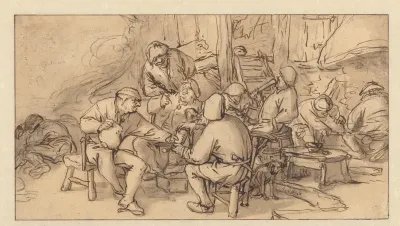 Interieur van een boerenherberg met vijf rokende en drinkende boeren