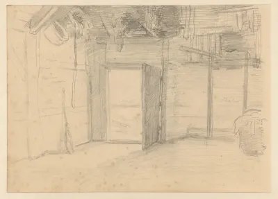 Interieur van een boerenhuis; stal