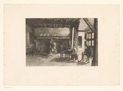 Interieur van een boerenwoning met vrouw bij de haard en een man aan tafel