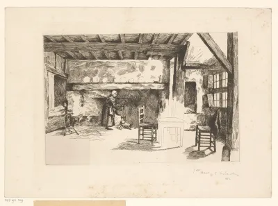 Interieur van een boerenwoning met vrouw bij de haard