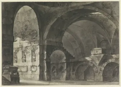 Interieur van een groot antiek gebouw met tongewelven en een koepelsubstructie