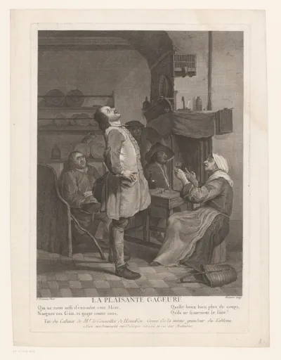 Interieur van een herberg met staande man