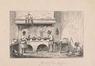 Interieur van een Javaanse keuken met twee mannen en een vrouw aan het werk