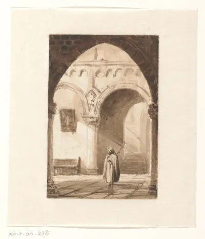 Interieur van een kerk met een monnik