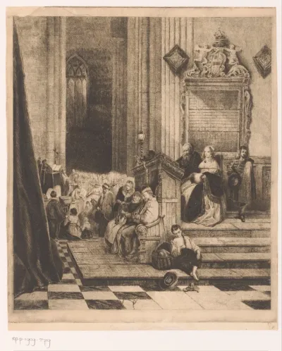 Interieur van een kerk tijdens de preek