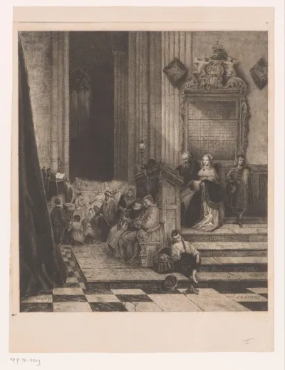 Interieur van een kerk tijdens de preek