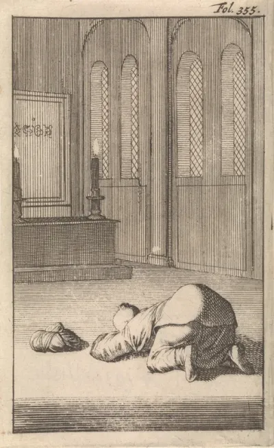 Interieur van een moskee met een geknielde figuur in gebed