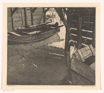 Interieur van een schuitenhuis met een viskaar en een schuit met ingebouwde viskaar