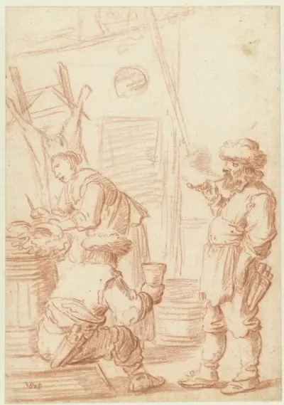 Interieur van een slagerij met een vrouwelijke en twee mannelijke figuren