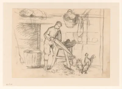 Interieur van een stal met een jongeman