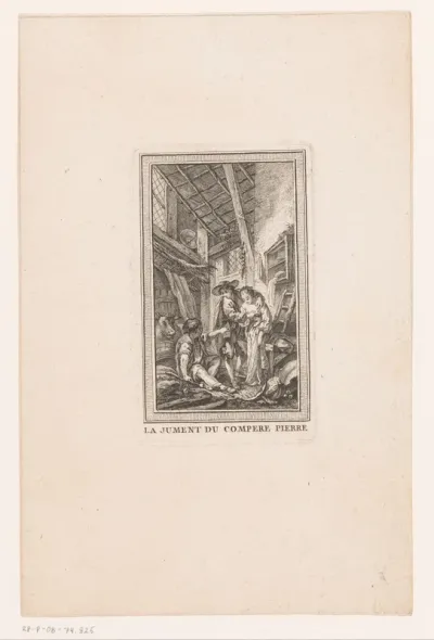 Interieur van een stal met een priester die een vrouw betast