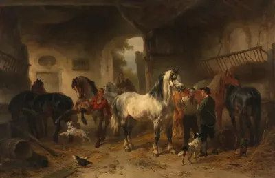 Interieur van een stal met paarden en figuren
