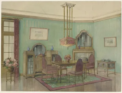 Interieur van eetkamer met hoekschoorsteen