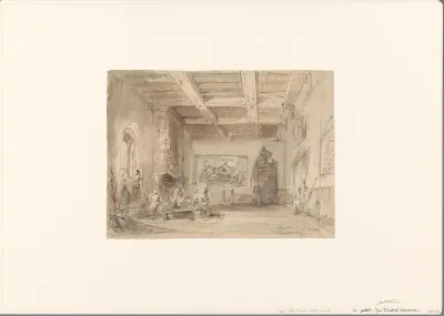 Interieur van grote zaal met schilderijen, een kaart van Venetië en wapens