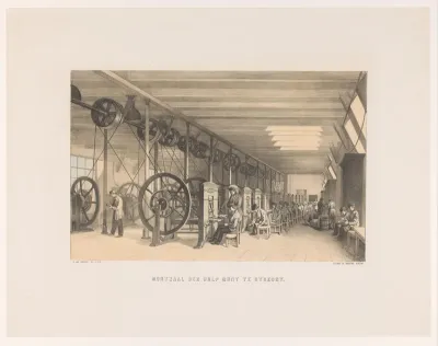 Interieur van het gebouw van de Hulpmunt in Utrecht met arbeiders