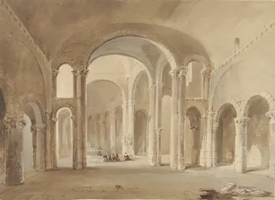 Interieur van S. Hilaire te Poitiers, met knielende figuren aan de Confessio