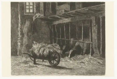 Interieur van stal met koeien en kruiwagen met hooi
