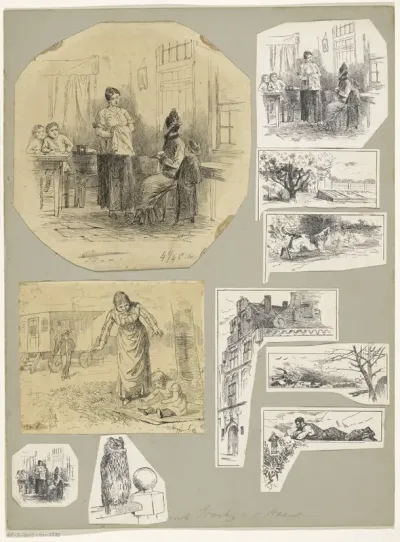 Interieurs met figuren, landschappen en een straatgezicht