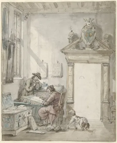 Interieurscène met schrijvende man aan een lessenaar