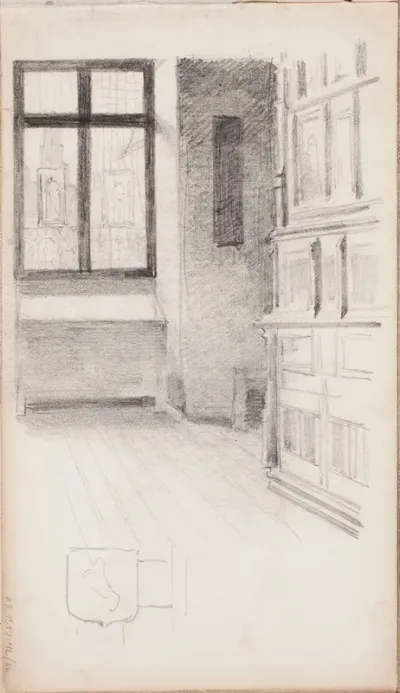 Interiööriluonnos maalaukseen Tyttö ja sotilas 1879