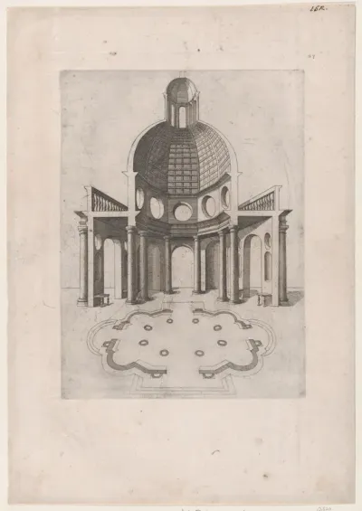 Interior and ground plan of an octagonal temple, from "Speculum Romanae Magnificentiae"