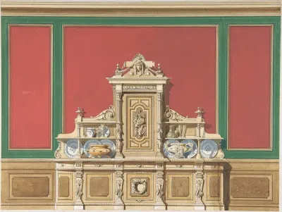 Interior Design for Large Display Cabinet against Red and Green Panelling