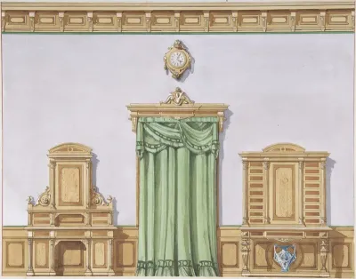 Interior Design with a Central Door Covered by Green Drapery and Two Cabinets