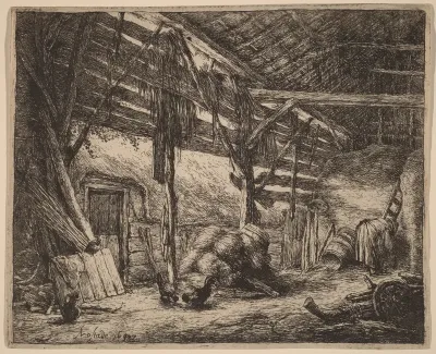 Interior of a Barn with a Peasant Woman at Work