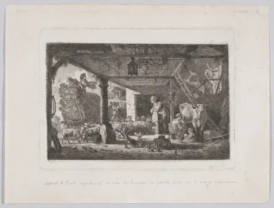 Interior of a barn with an unloading haywagon