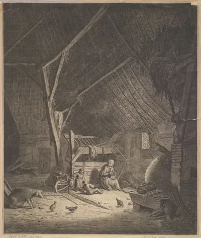Interior of a Barn with Mother and Two Children, Right in Front a Pig (copy)
