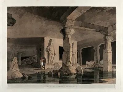 Interior of a cave on the island of Elephanta, near Bombay, Maharashtra
