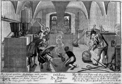 Interior of a distilling laboratory with five people at work