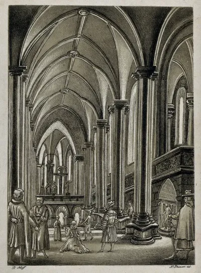 Interior of a Gothic church; a woman kneeling in the foreground, men standing in the nave