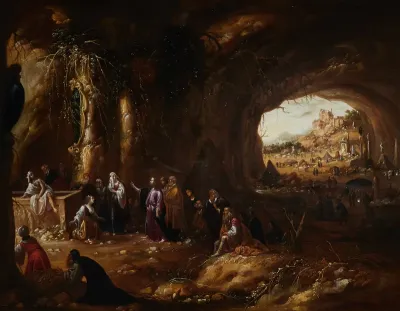 Interior of a grotto with the raising of Lazarus
