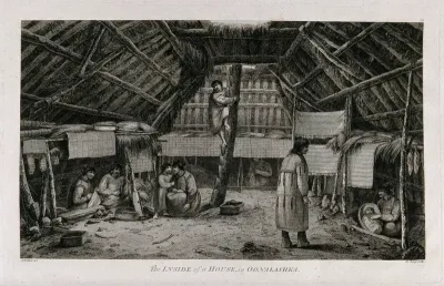 Interior of a house occupied by men, women and children in Unalaska, Alaska, visited by Captain Cook on his third voyage (1777-1780)