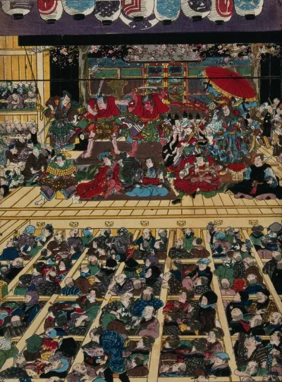 Interior of a Kabuki theatre while a performance is in progress