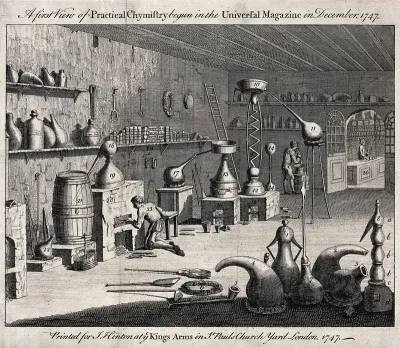 Interior of a pharmaceutical laboratory behind a shop, with people at work, the shop is visible through a doorway