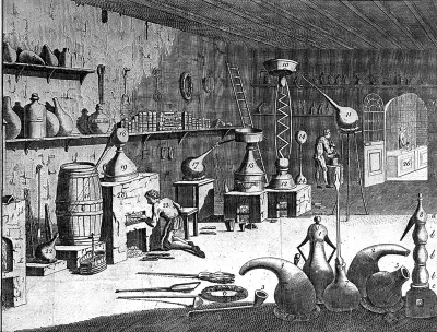 Interior of a pharmaceutical laboratory with people at work; the shop is visible through a doorway