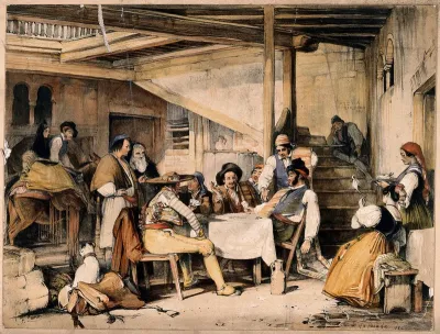 Interior of a posada with men smoking and playing cards as others and a mule rest nearby