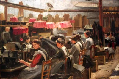 Interior of a sewing mill with seamstresses at work