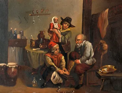Interior of a surgery with a surgeon attending to a man's foot, and a woman and child looking on