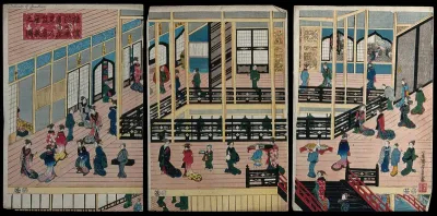Interior of Iwakame House, Yokohama Minatosaki licensed pleasure district: Western visitors are shown being entertained in a back room